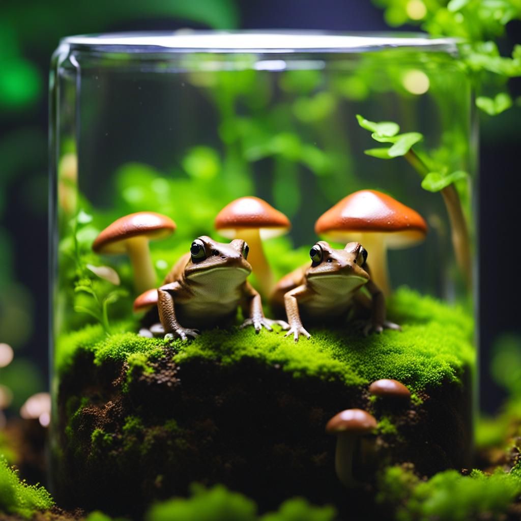 Miniature Frogs with Bunny Ears in Terrarium
