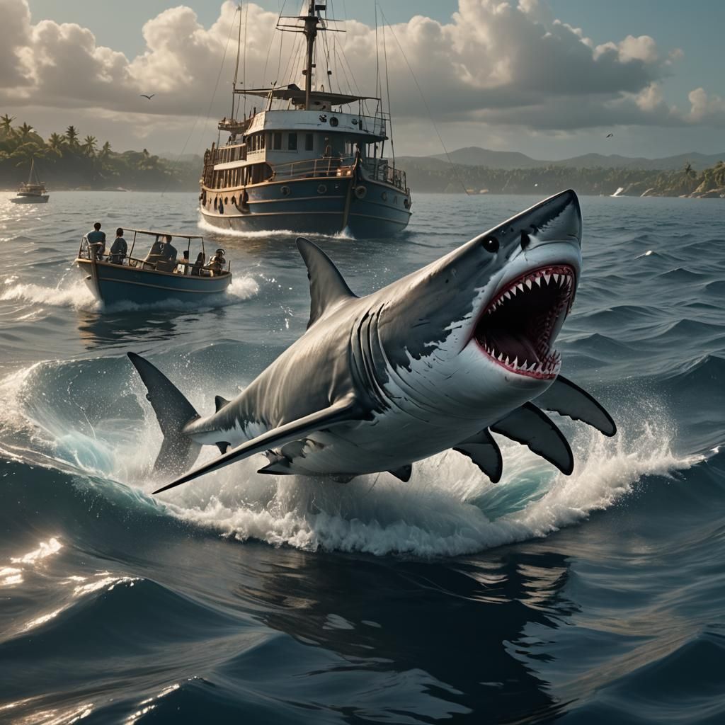 The shark from “Jaws” dancing on the surface of the water with the boat in the background