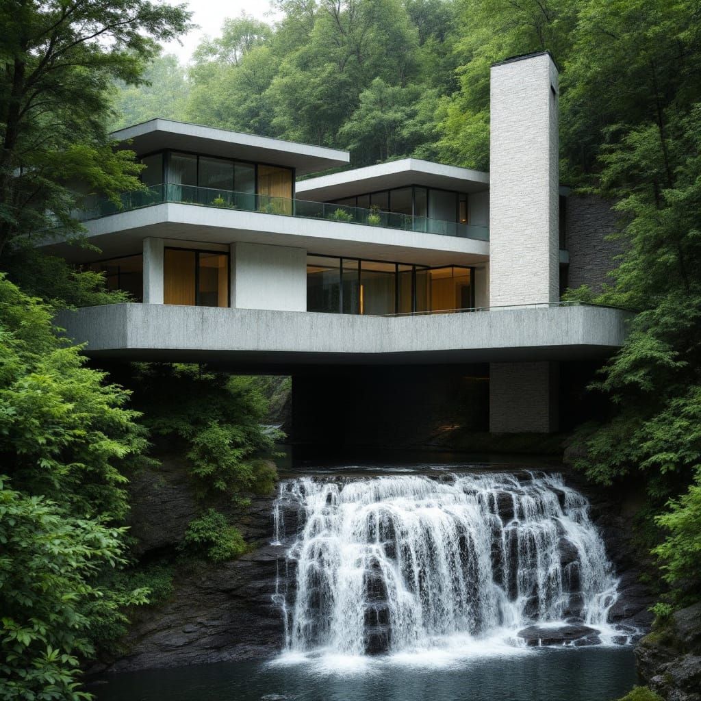 Modern Architecture Harmonizing with Nature's Waterfall