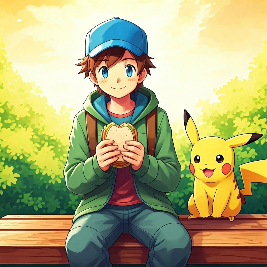 Pokémon Trainer and Pikachu Share Lunch, Ghibli-esque
