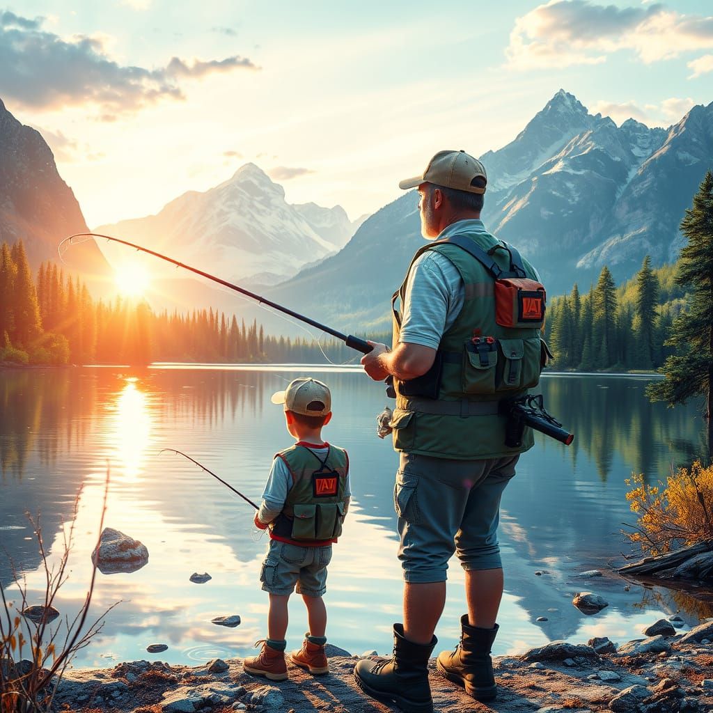 Father and Son Fishing at Sunrise: Cosmic Illustration