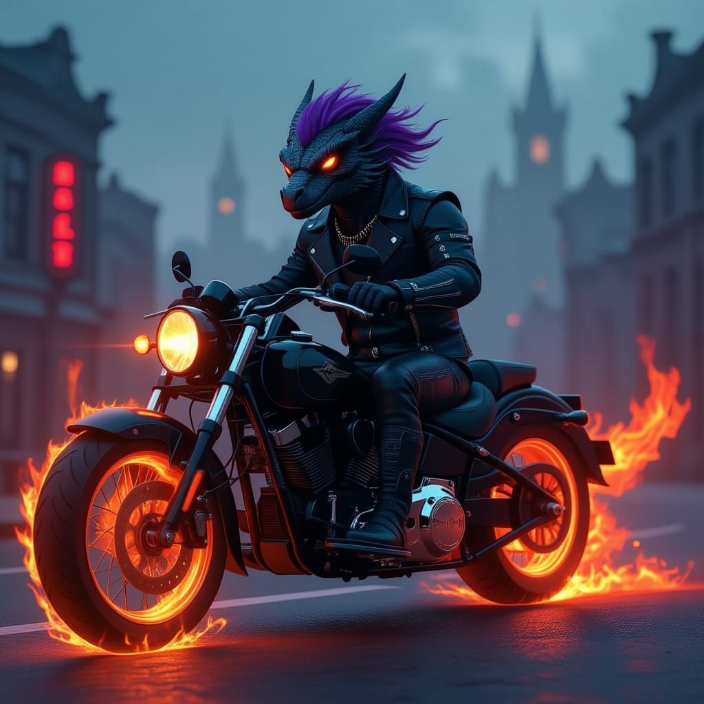 Dragon Biker in Hellbound Cityscape on Flaming Motorcycle