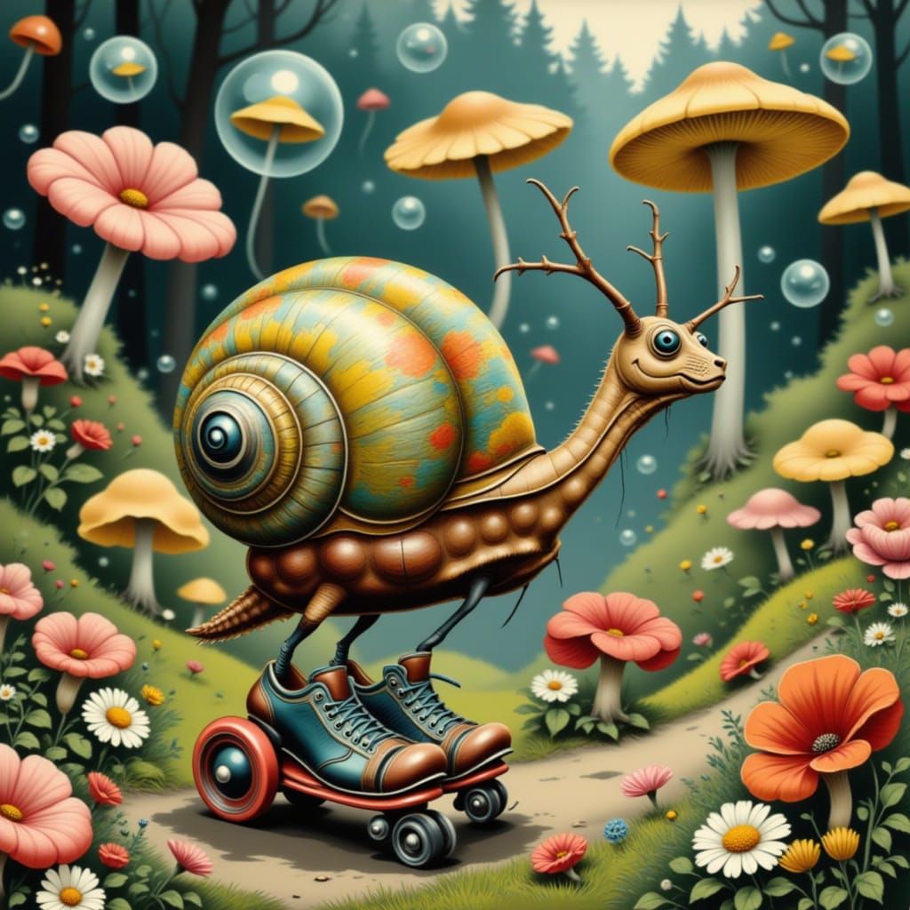 Snail on Roller Skates in Bioluminescent Garden