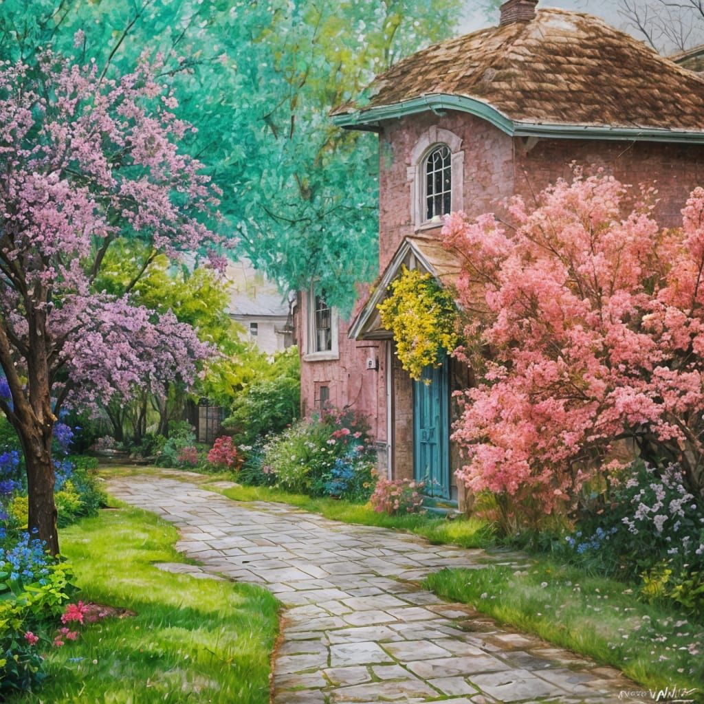 Colorful Cottage Garden: Grotesque Oil Painting