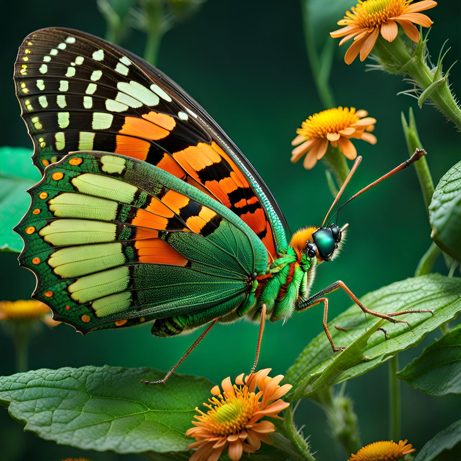 Chrysiridia Butterfly Pollinating Flower in Macro Photograph...