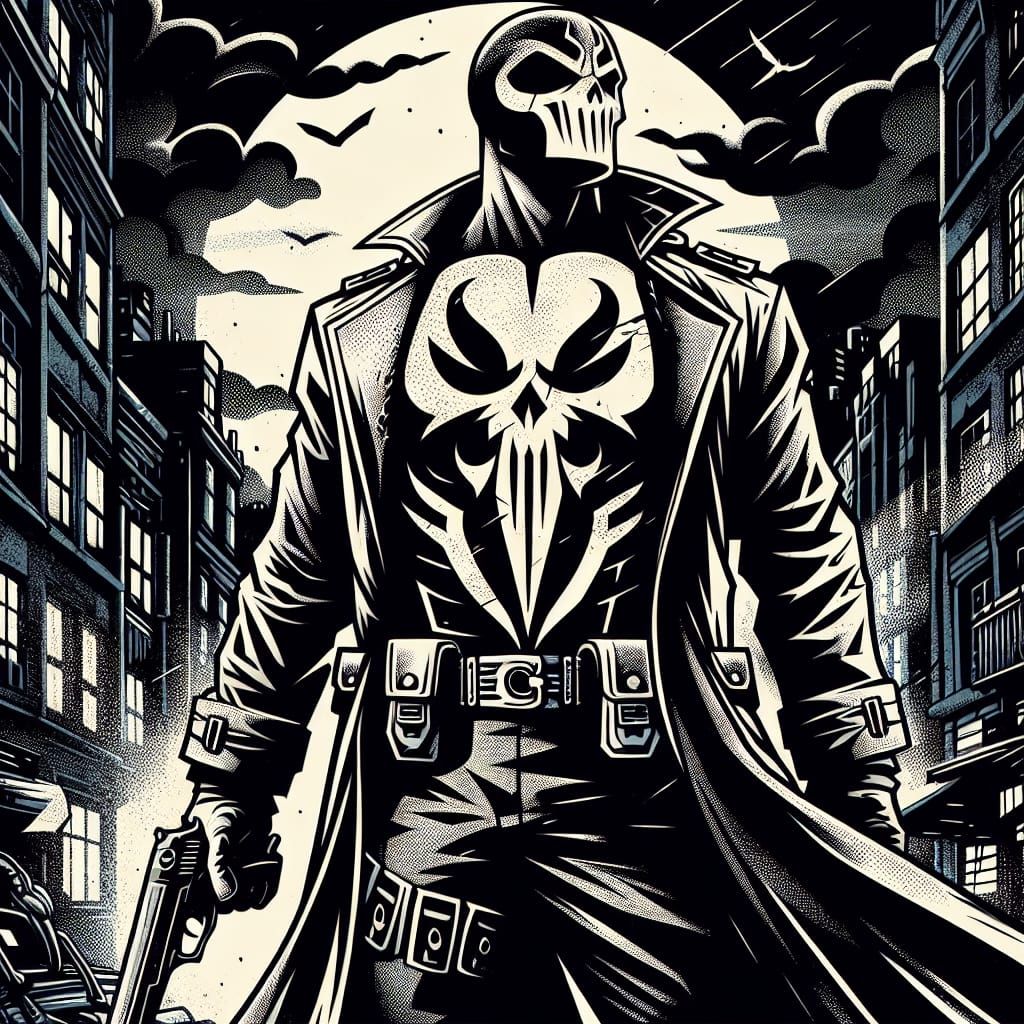 Vigilante in Noir City with Skull Symbol
