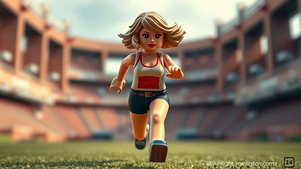 Lego Minifigure of Taylor Swift Sprinting in Stadium