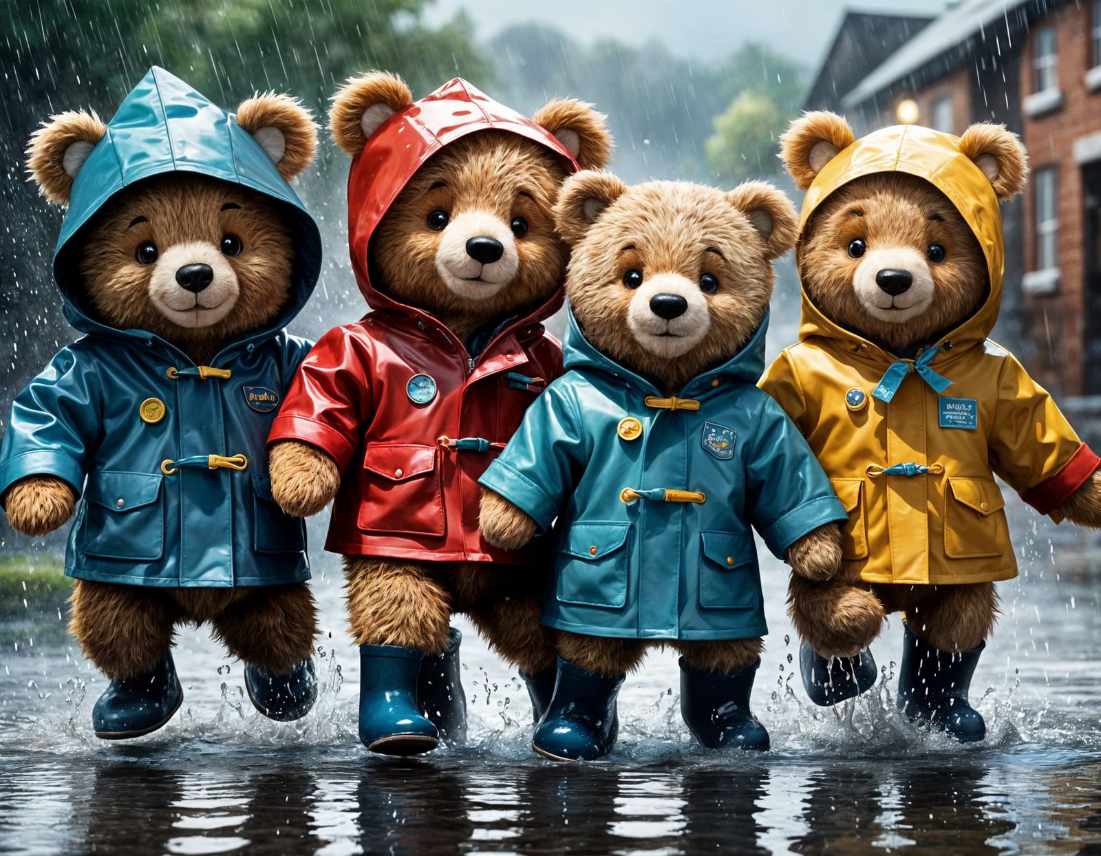 Teddy Bears Playing in Rainy Puddle: 3D Digital Art