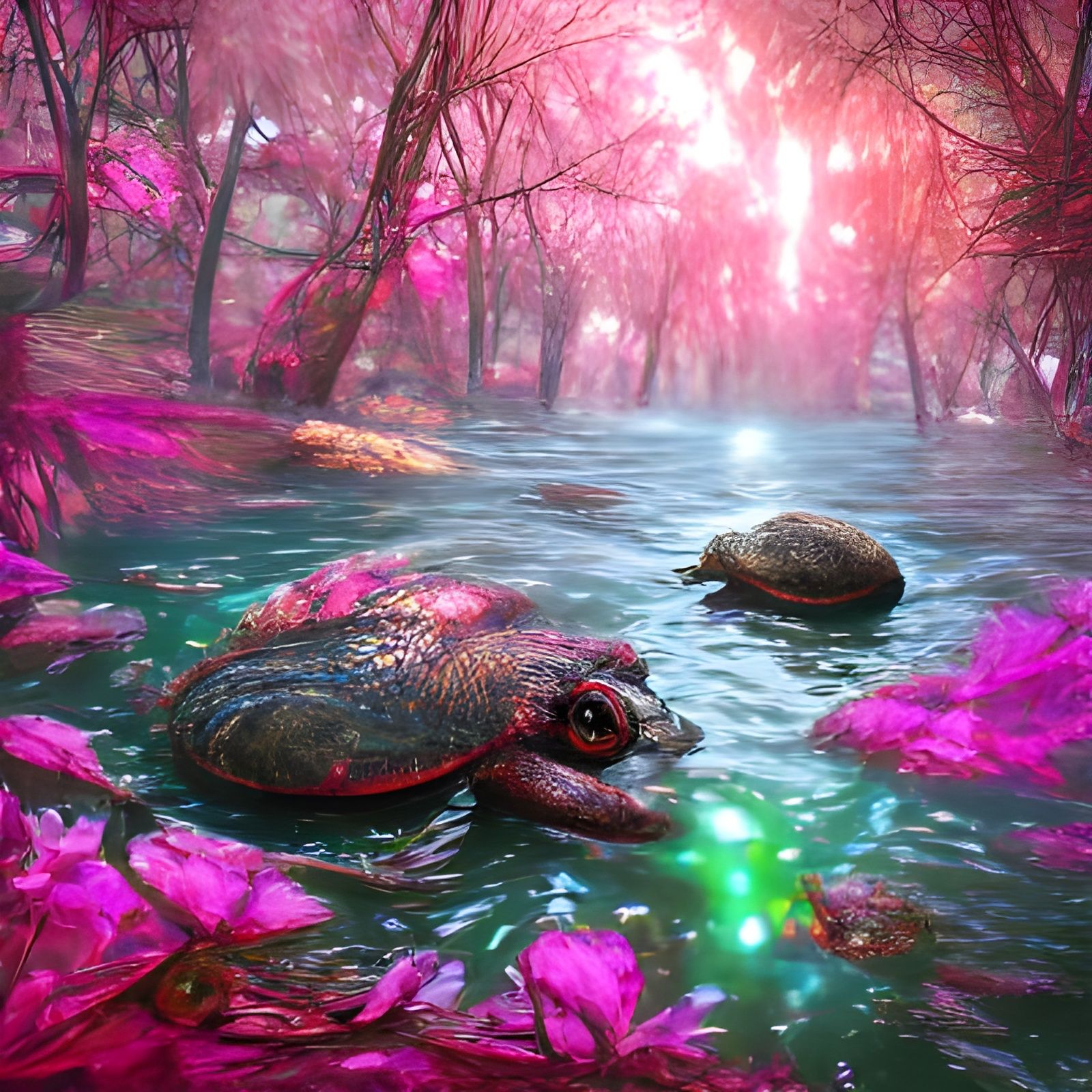 Biopunk Turtles in Pink Hazy Lake