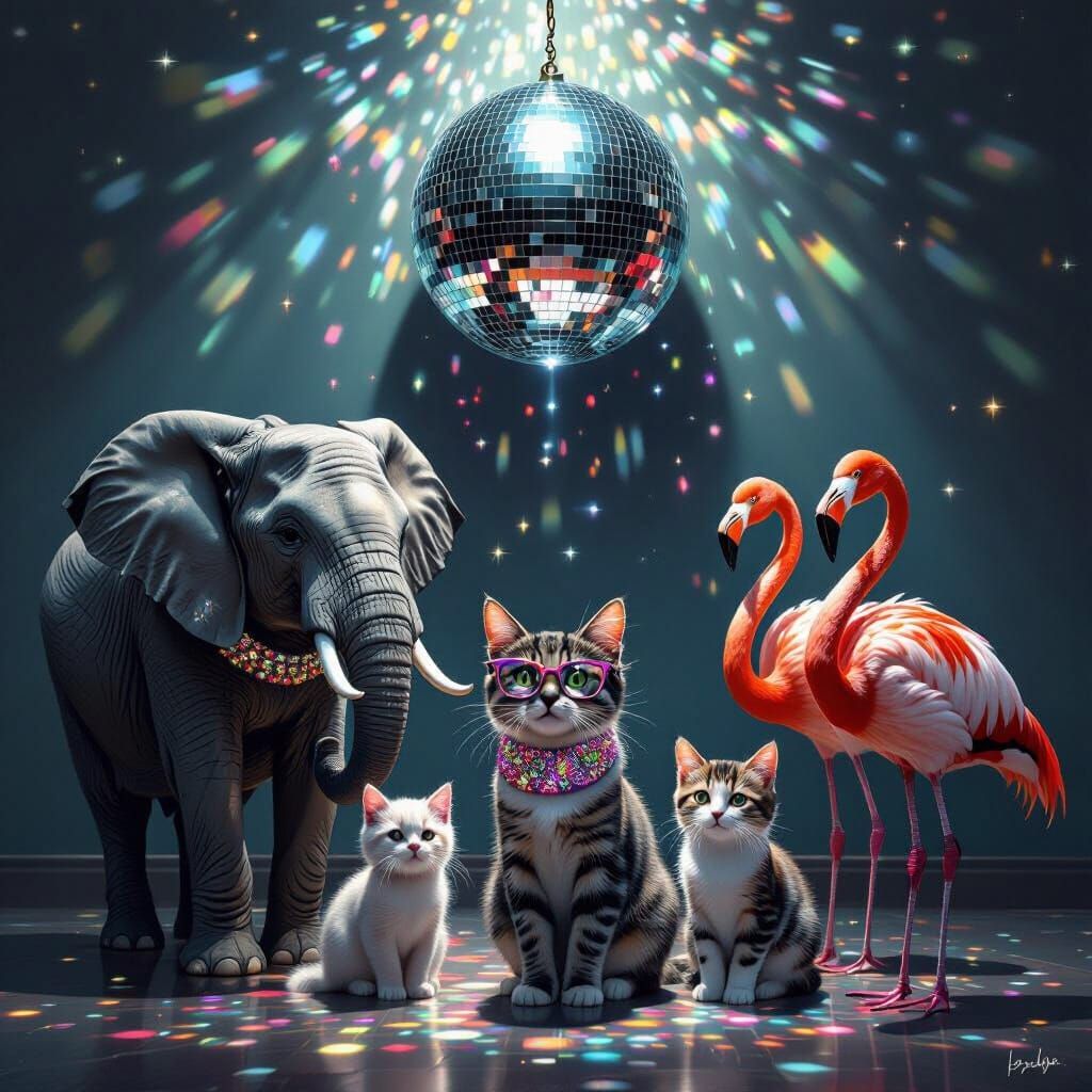Animals Under Disco Ball in Photorealistic Style