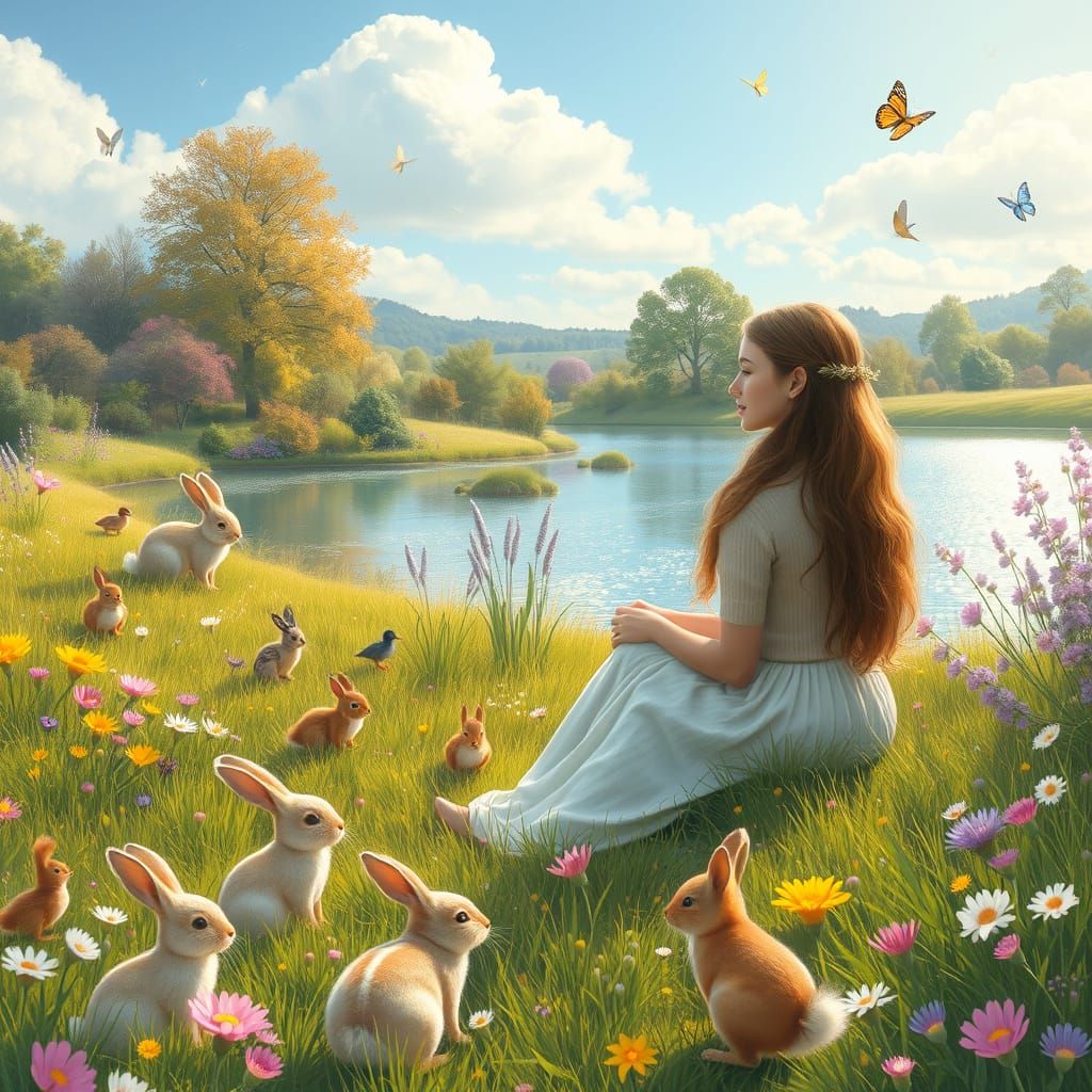 Serene Woman in Peaceful Meadow with Animals and Butterflies