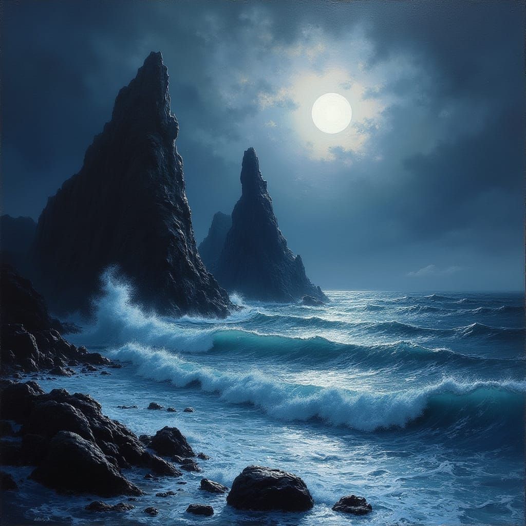 Moonlit Ocean Seastacks Oil Painting