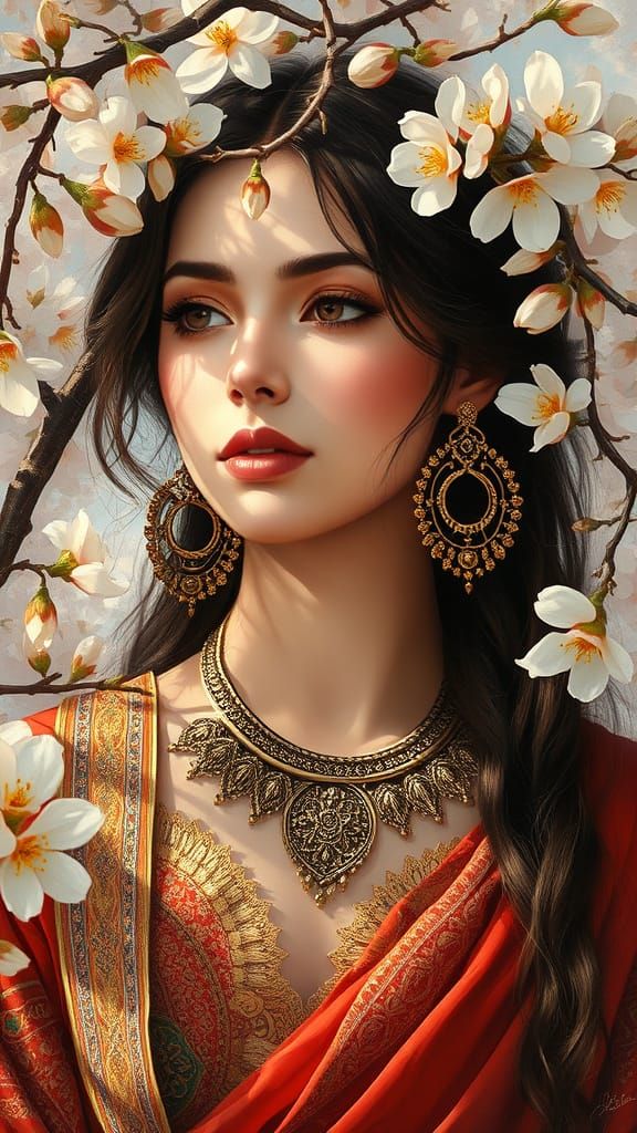 Iranian Woman in Almond Orchard: Vibrant Oil Painting