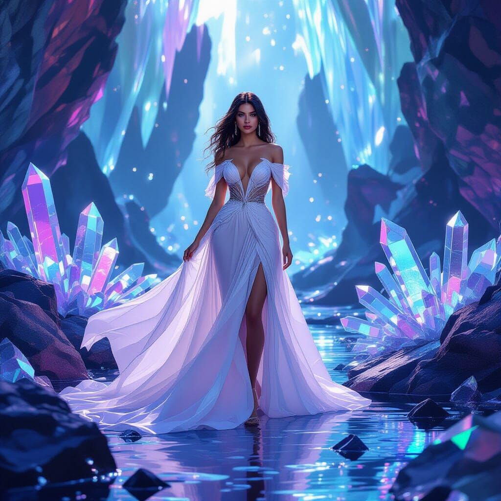 Ethereal Woman in Crystalline Alien Landscape, Digital Art
