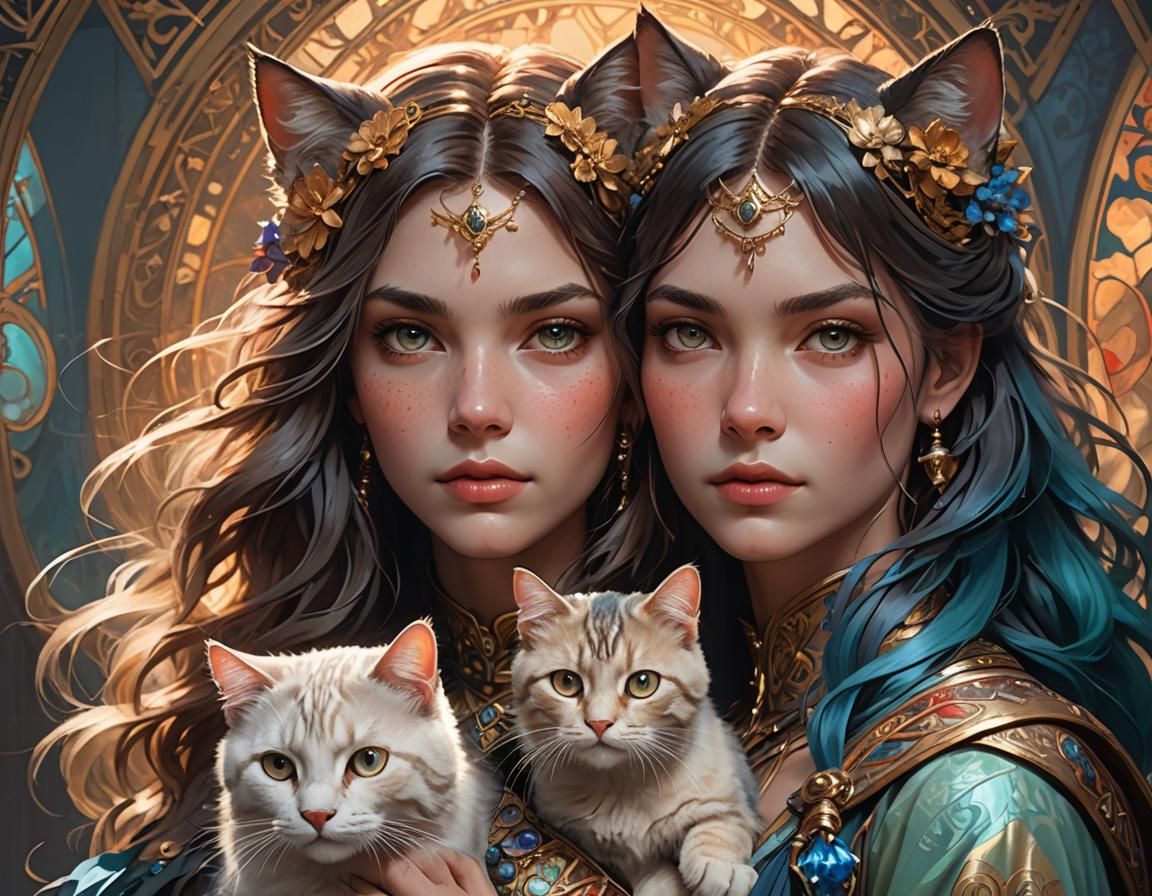 Stunning Woman with Cat: Hyperdetailed Digital Portrait