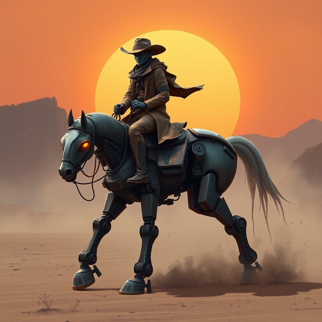 Gritty Cowboy Robot Rides Futuristic Horse Across Desert Sun...