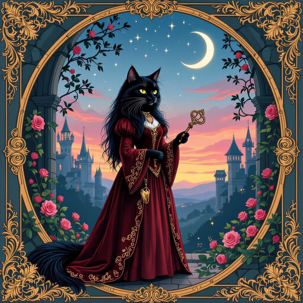 Black Cat in Medieval Gown with Gold Key in Castle