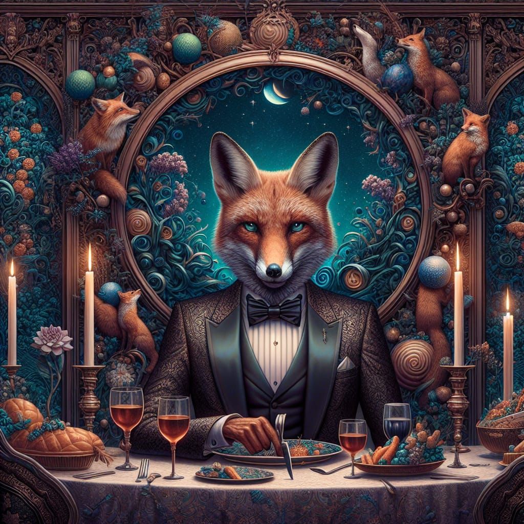 Fox in Tuxedo at Dinner Party: Matte Painting