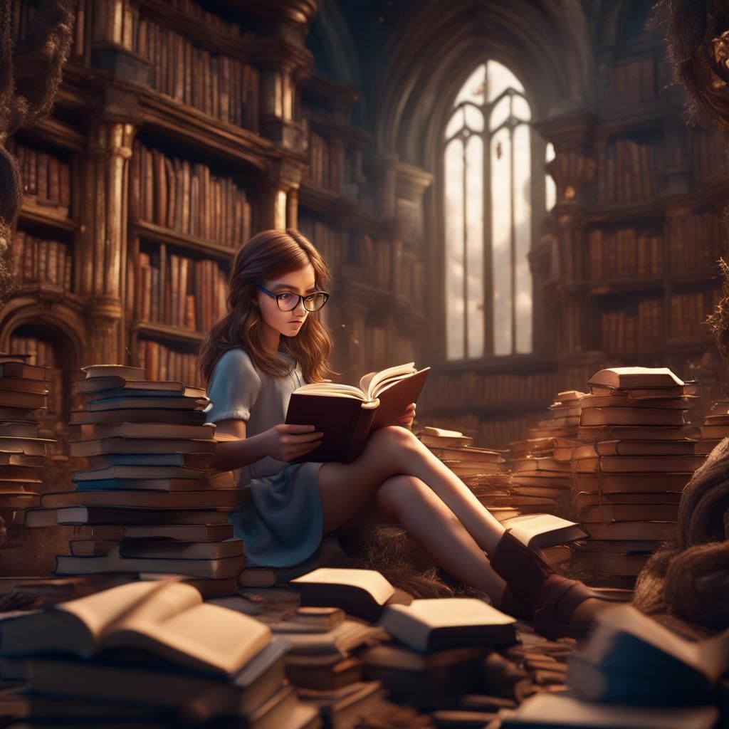 Fantasy Girl Reading Surrounded by Books