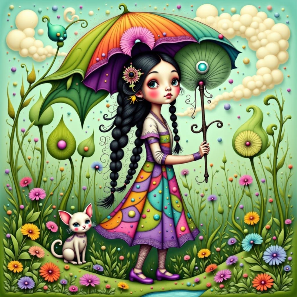 Girl with Dandelion Umbrella, Digital Painting