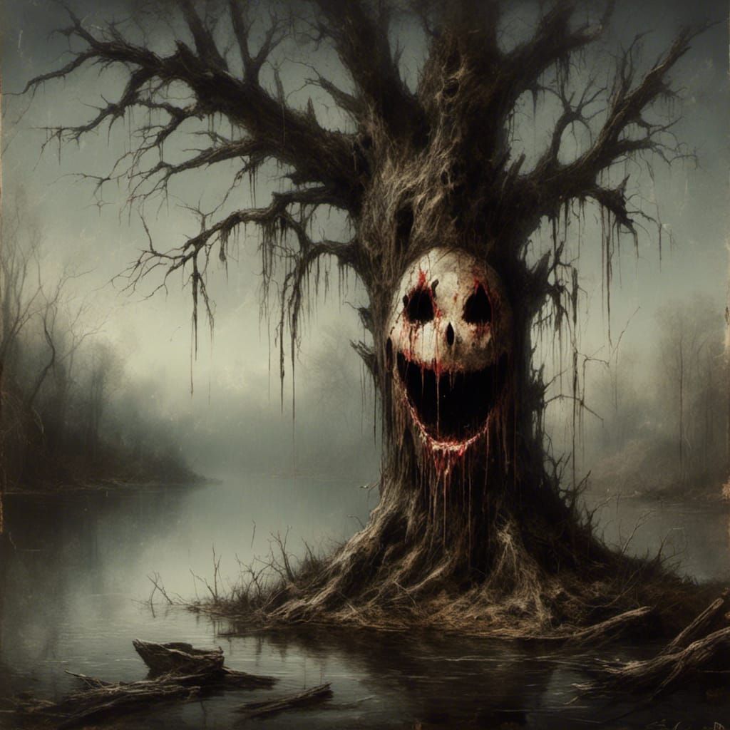 Creepy Dripping Smiley Face on Tree