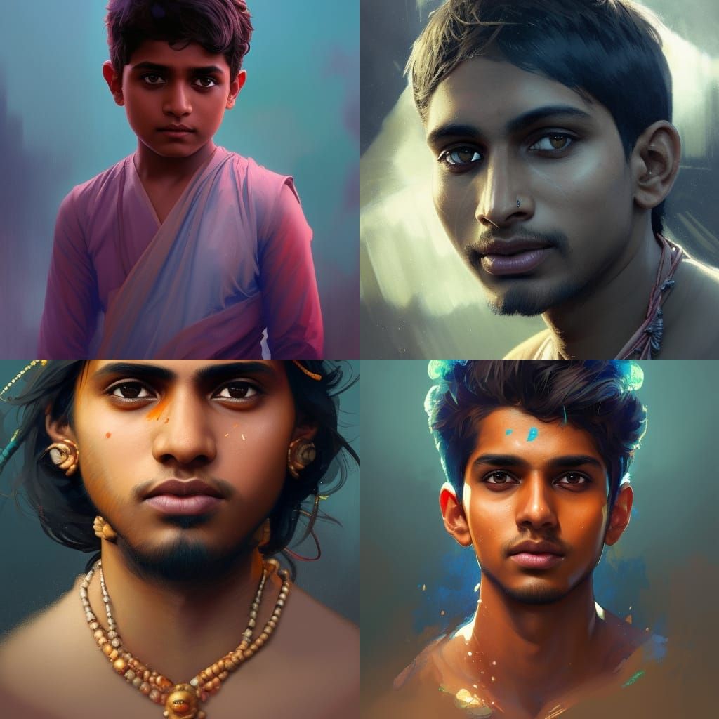 Detailed Portrait of Indian Boy in Art Nouveau Style