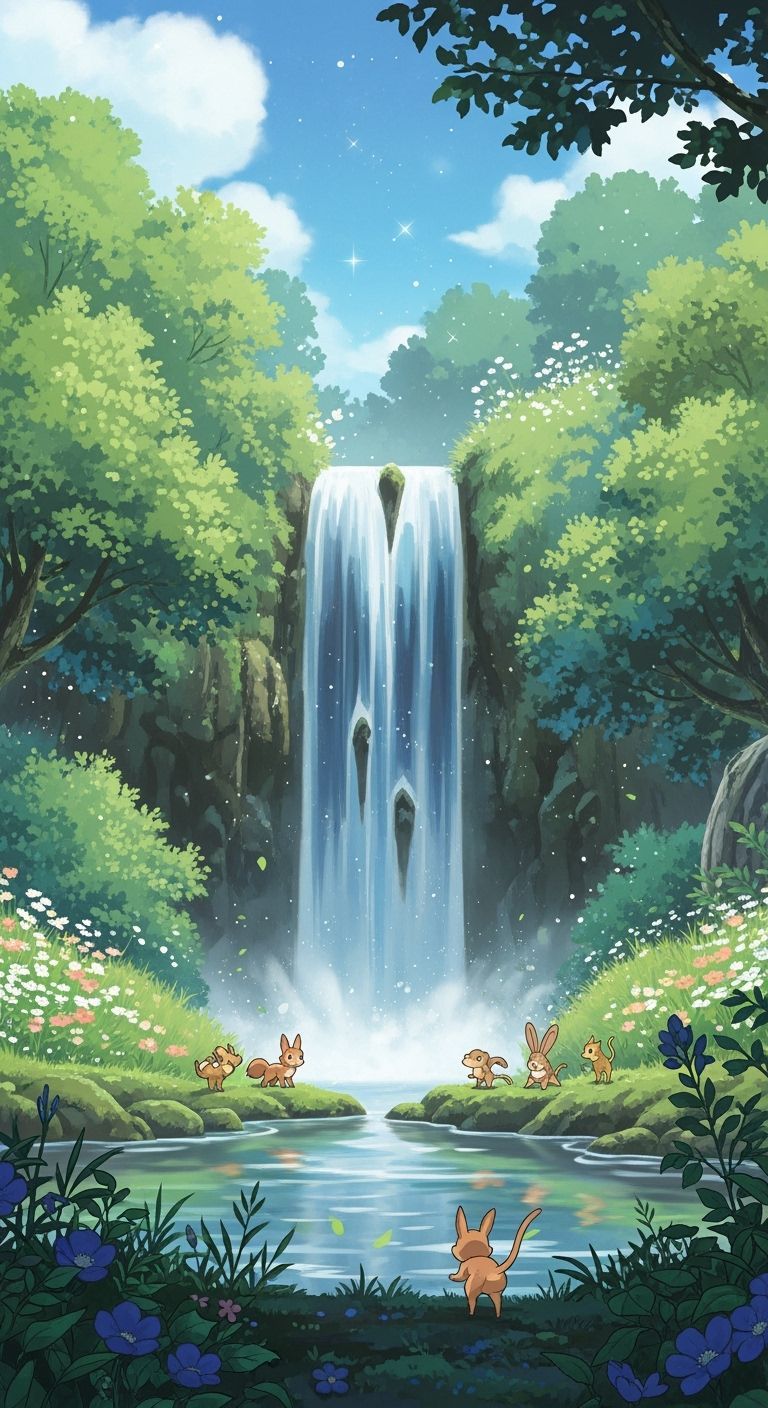 Hidden Waterfall Anime Wallpaper in Ghibli Style