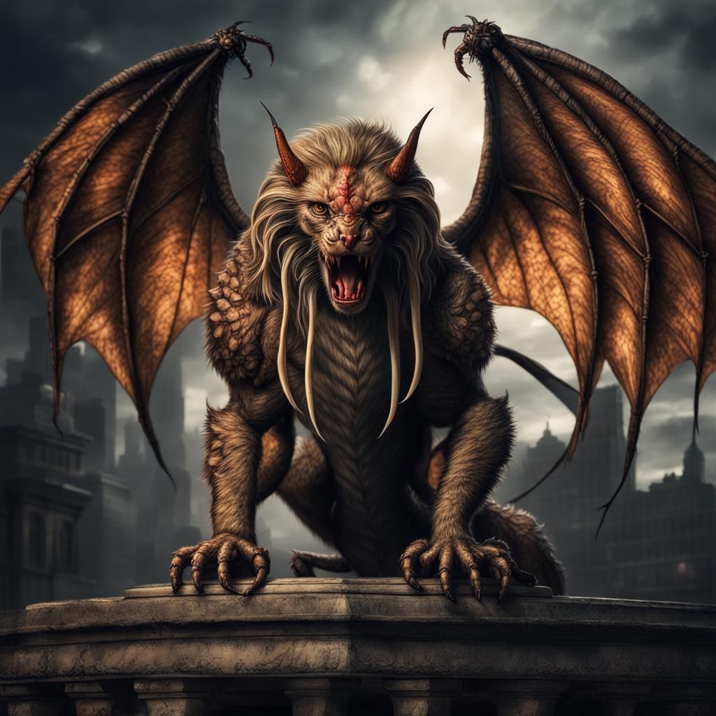 Detailed Manticore with Bat Wings and Scorpion Tail