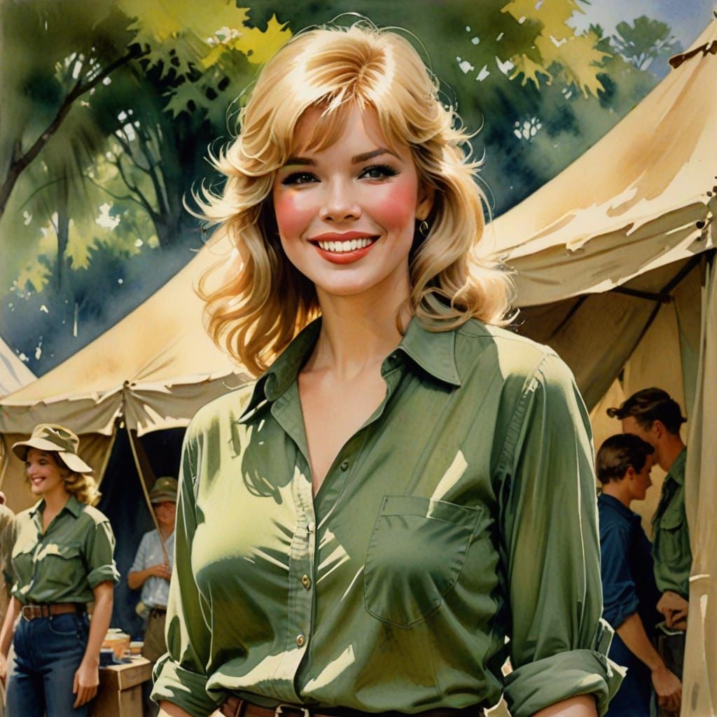 Watercolor Portrait of Woman in Olive Green Shirt