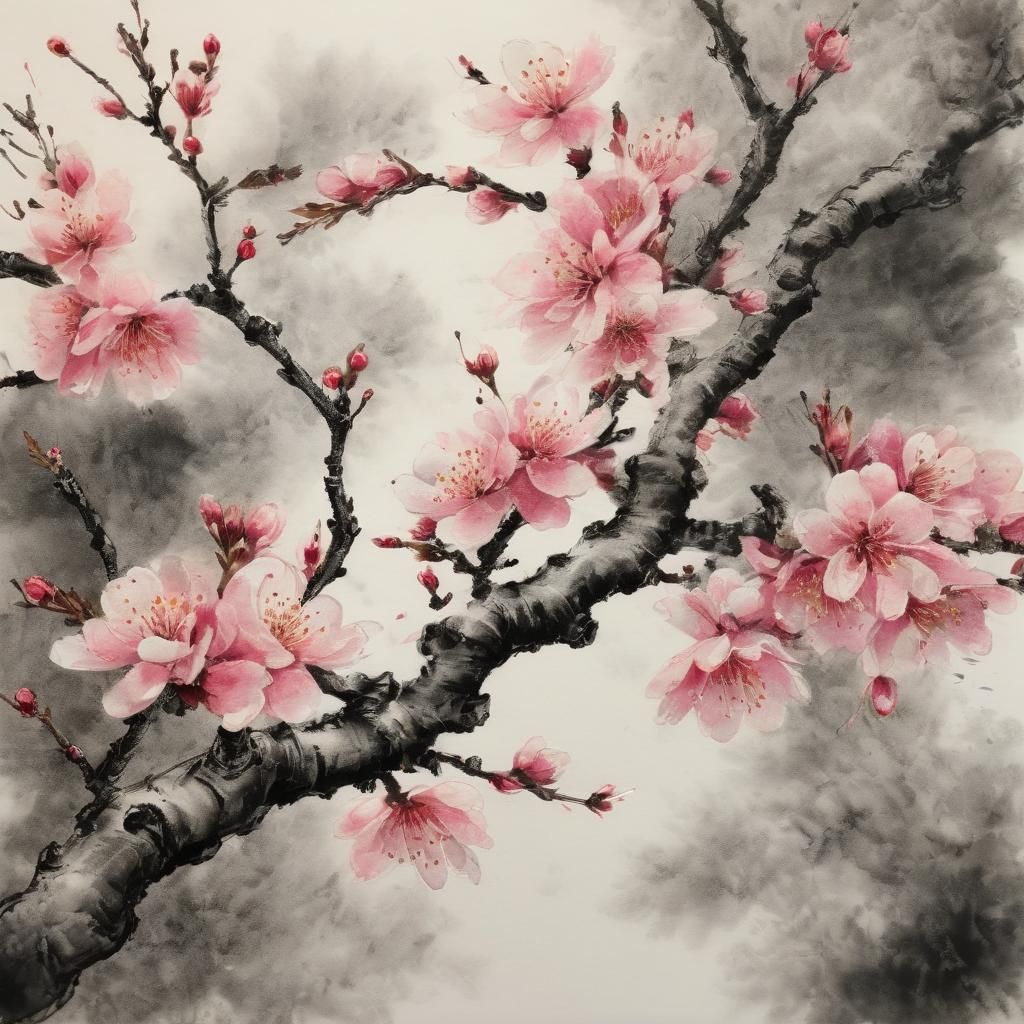 Hyperdetailed Cherry Blossoms in Chinese Ink Style