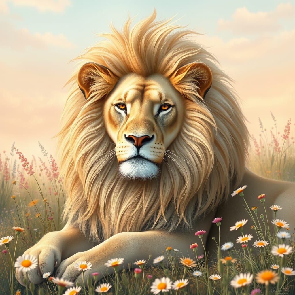 Regal Lion in Whimsical Field of Wildflowers