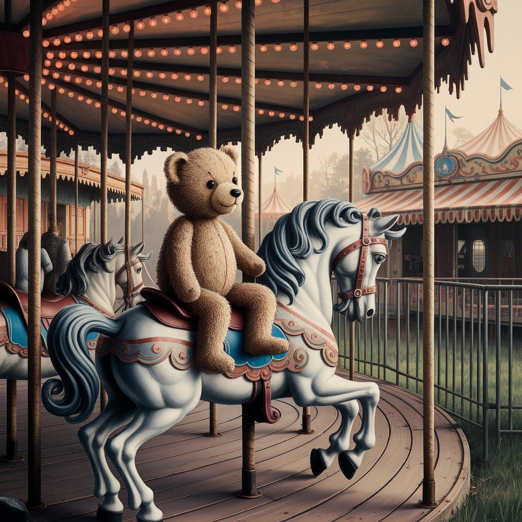 Forgotten Teddy Bear on Carousel in Gouache Painting