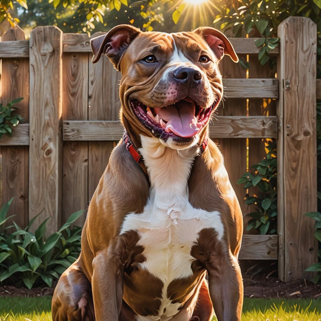 Smiling Pitbull in Sunny Backyard: Hyper-Realistic Digital A...