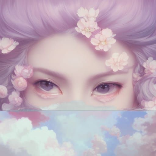 Pastel E-Girl Portrait with Clouds in Kawaii Style