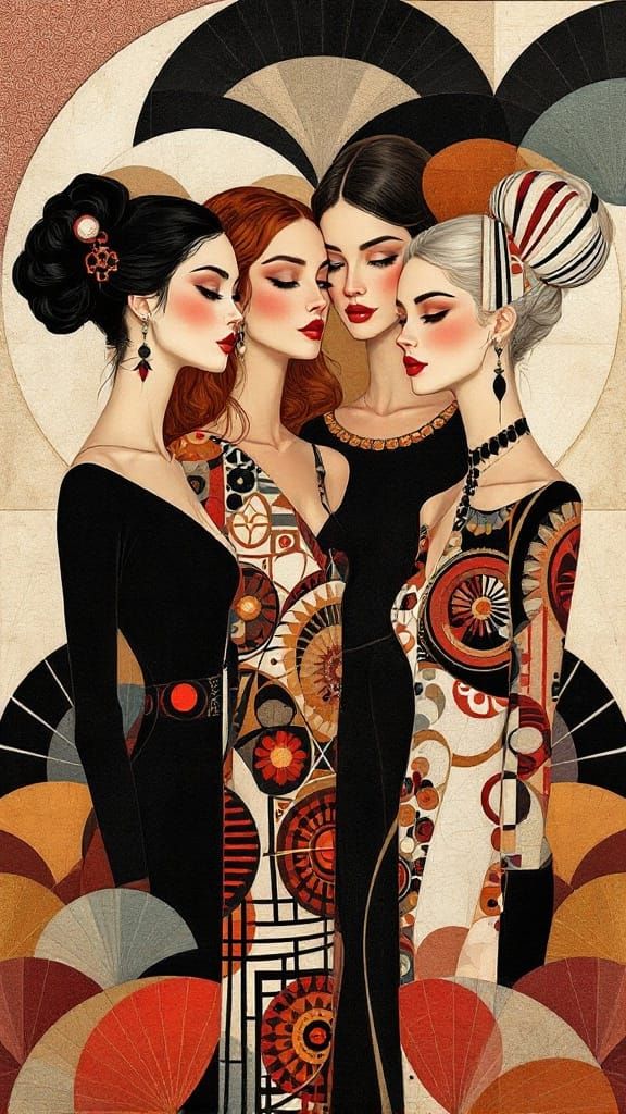 Elegant Women Unite in Geometric Harmony