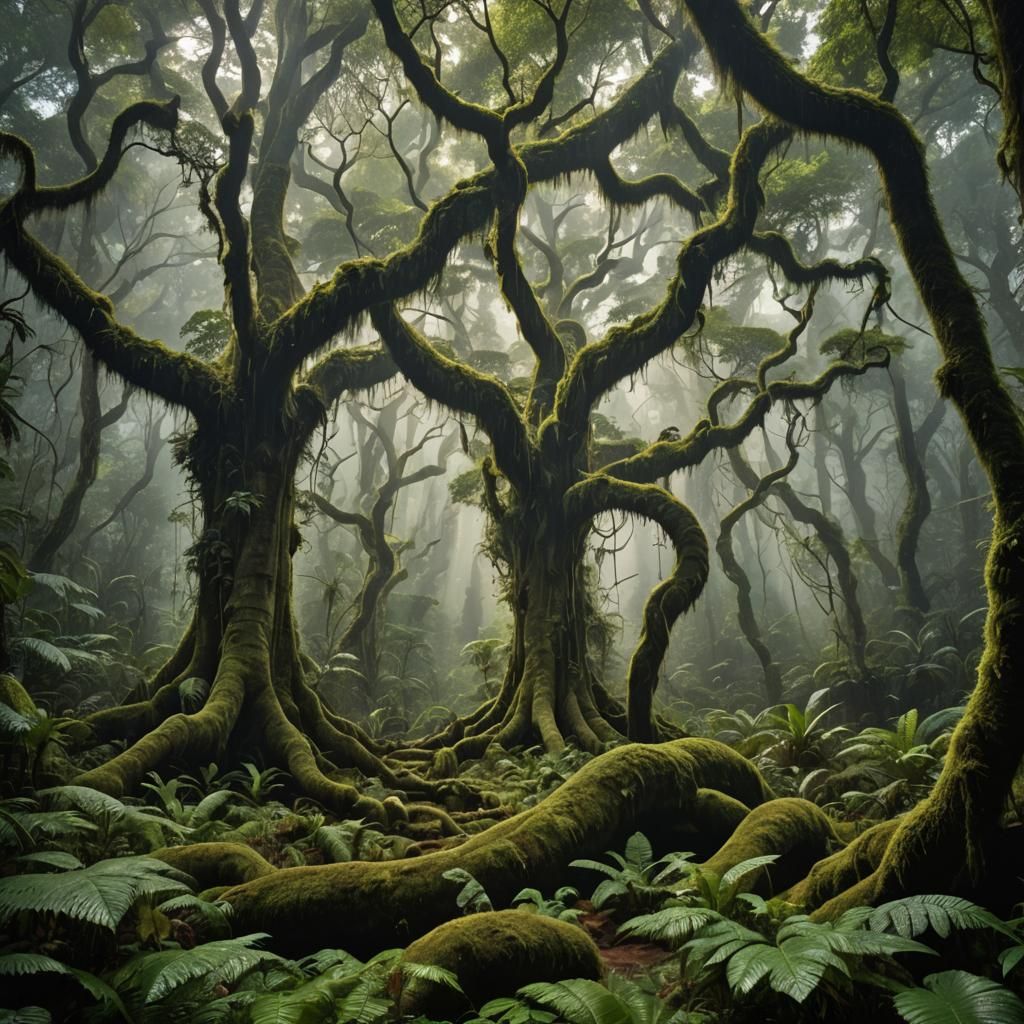 Lush Jungle Scene with Towering Trees and Misty Ground