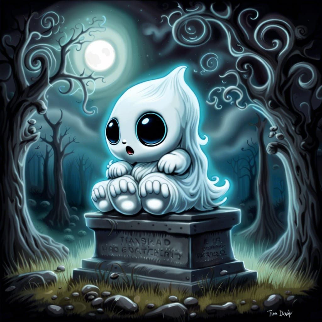 Sad Baby Forest Ghost in Cemetery at Night