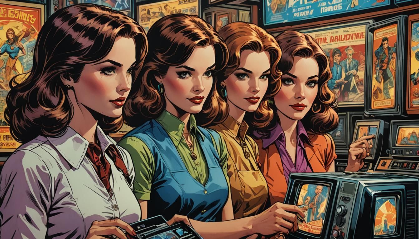 Retro-Futuristic Housewives Enthralled by Glowing TV Screen