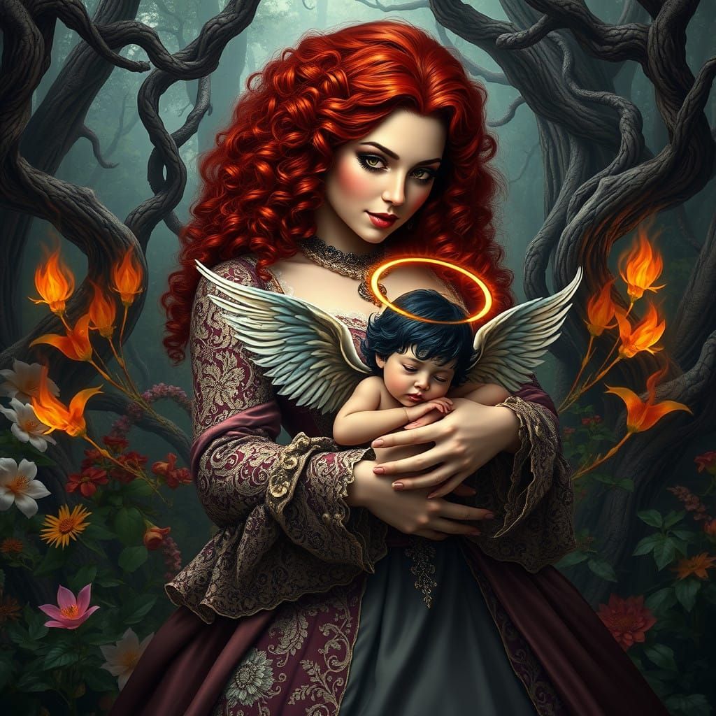 Curvy Victorian Siren Holds Fallen Angel Baby with Raven Win...