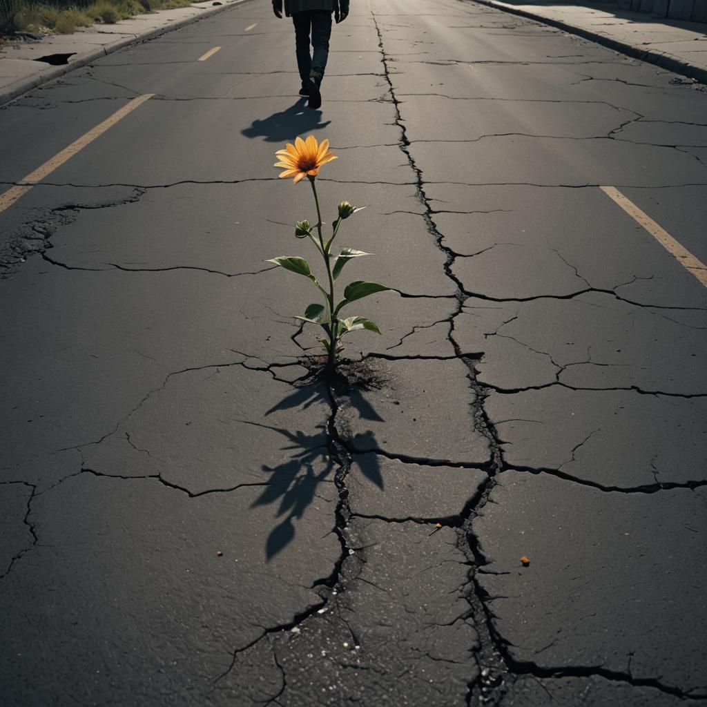 Dystopian Hope: Flower in Asphalt, Hyperrealistic Digital Ar...