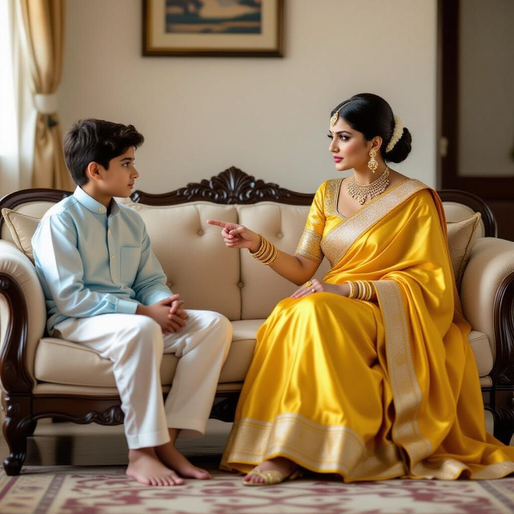 Indian Woman Lecturing Nephew Realistic Digital Painting