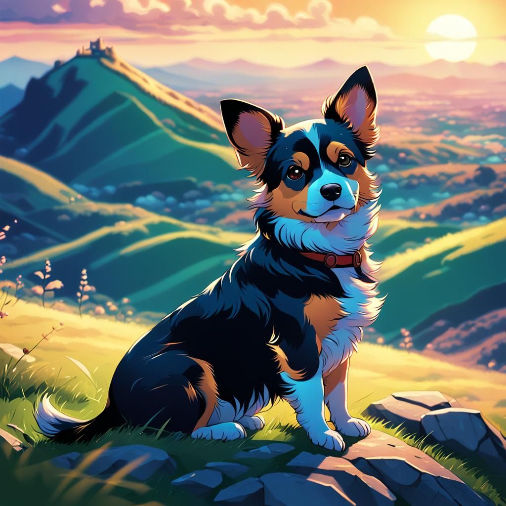 Cute Dog on Hill in Manga Illustration Style