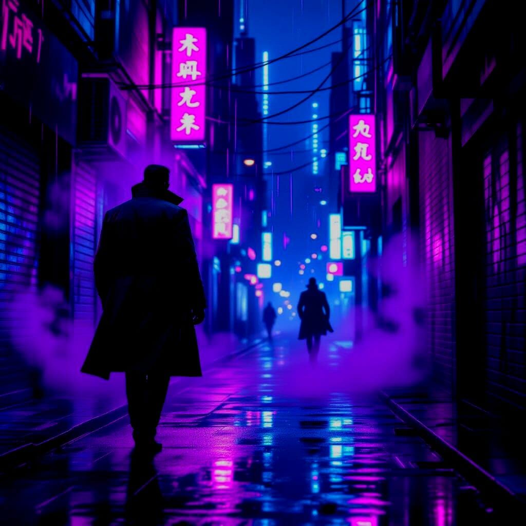 Cyberpunk Detective in Rainy Alleyway