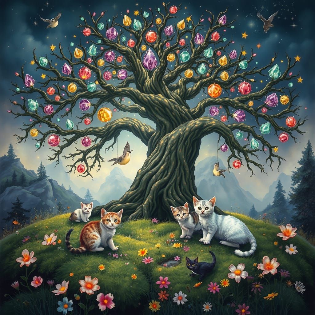 Whimsical Tree of Glittering Gemstones in a Fantastical Land...
