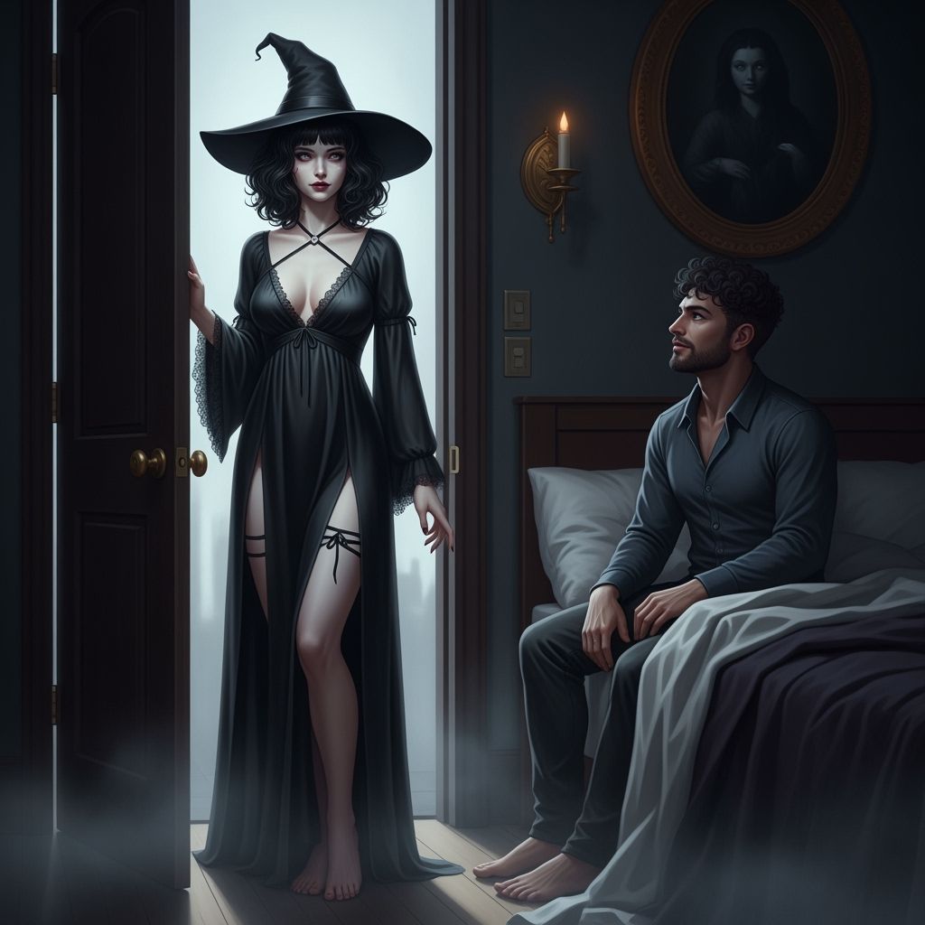 Mystical Witch Appears to Man in Dark Fantasy Digital Painti...