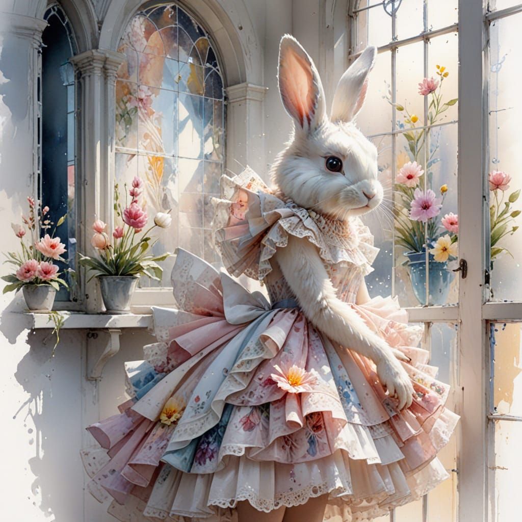Bunny in Dress Shop, Watercolor Art