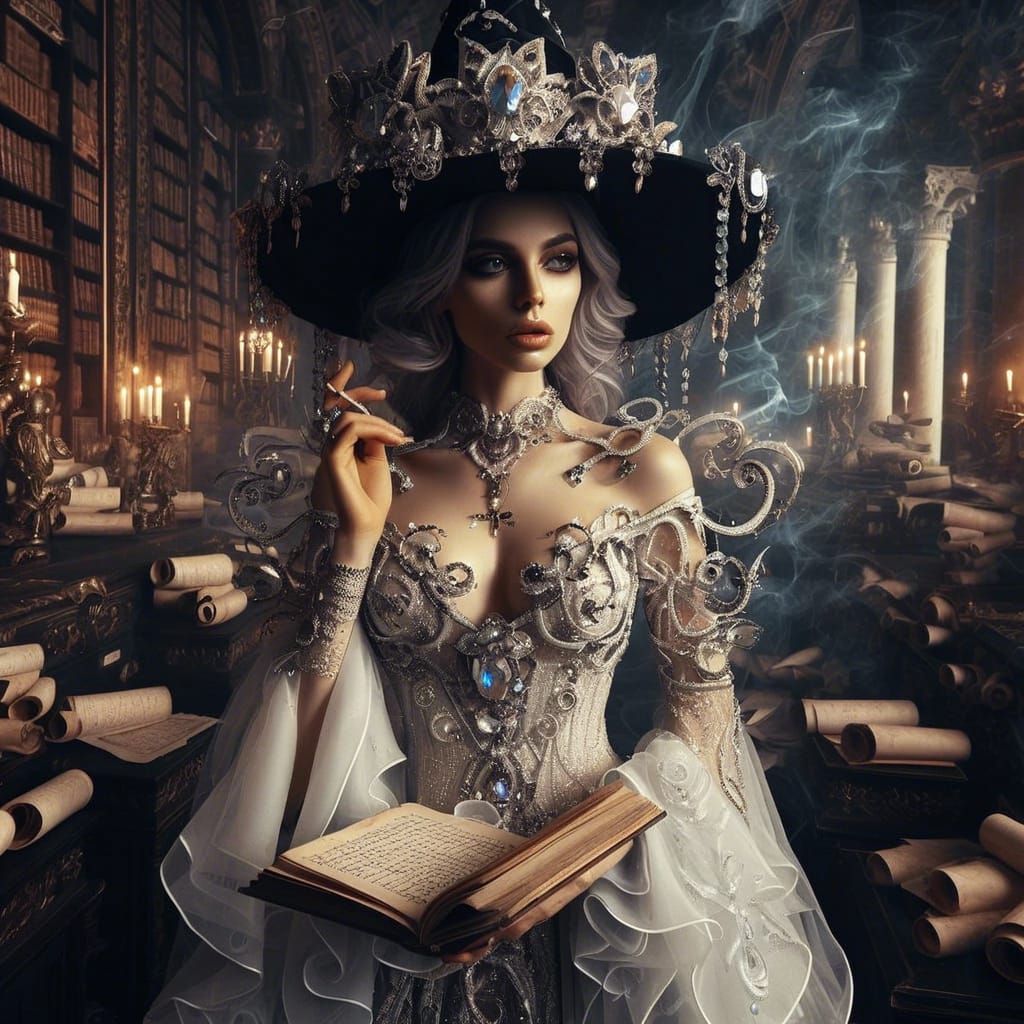 Roman Scribe Witch in Opulent Library