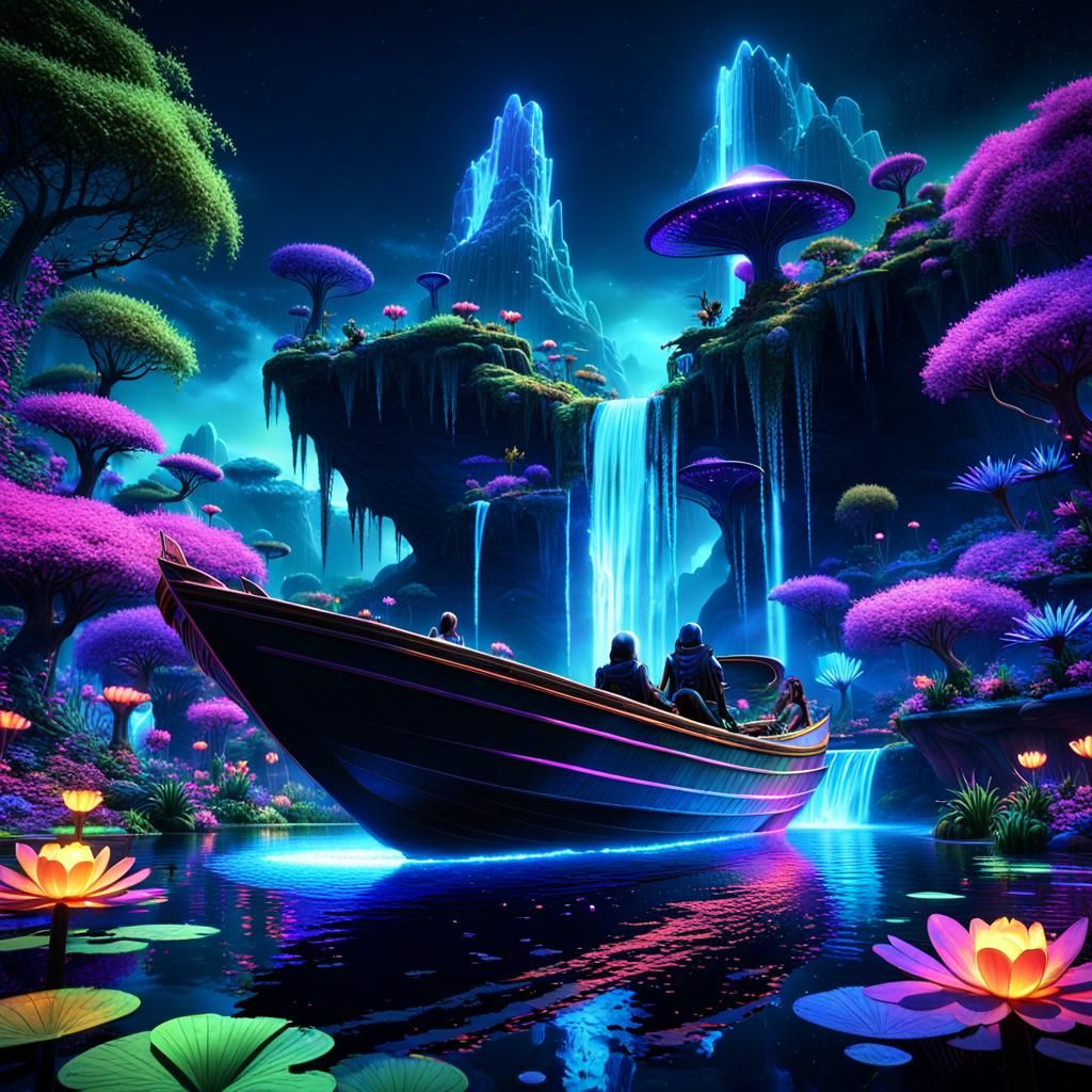 Enchanted Boat on Alien Waterfalls in Hyperrealistic Style