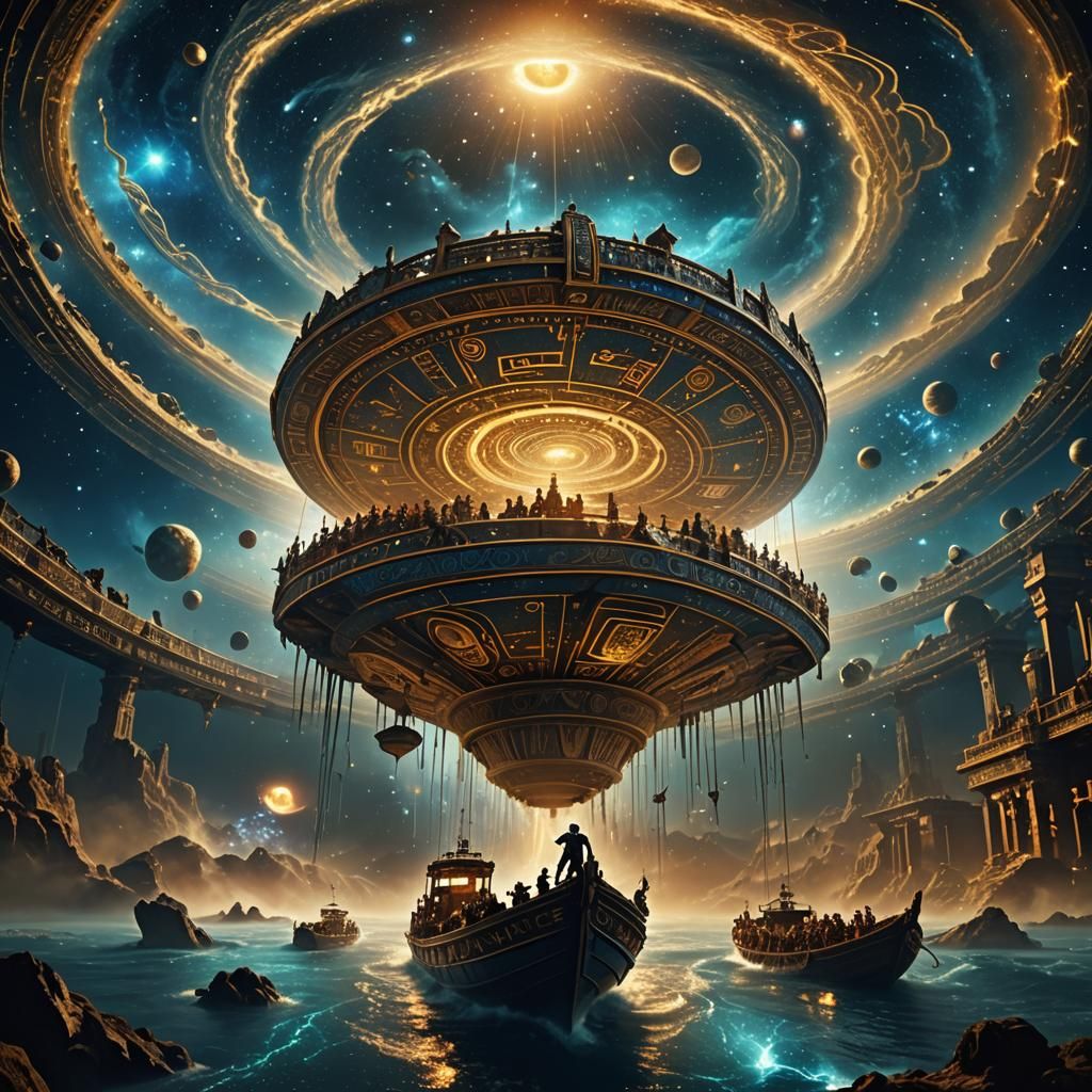 Ra's Barge Amidst Swirling Stars: Digital Matte Painting