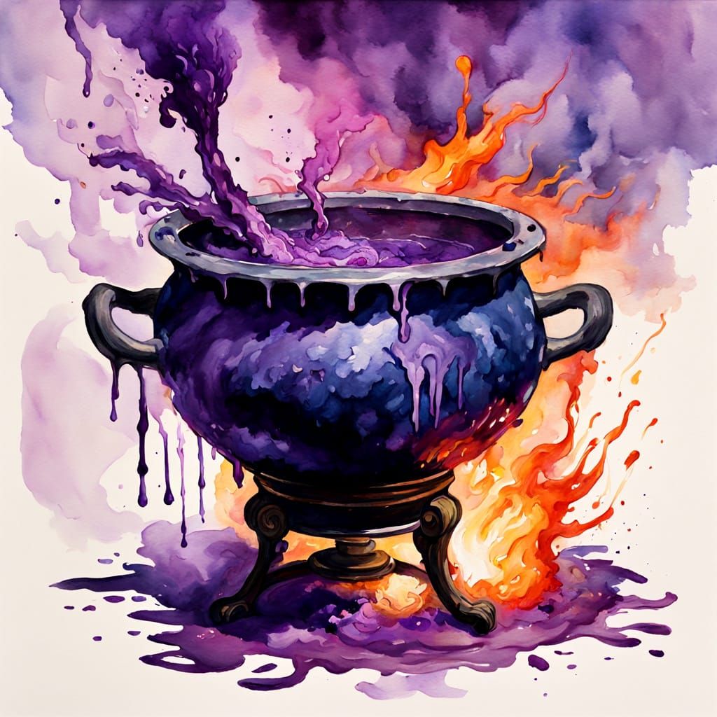 Cauldron filled with a boiling purple liquid 38